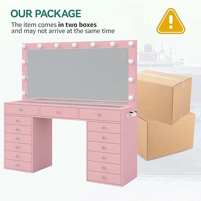 55" W Vanity Desk, Makeup Vanity with Charging Station, 15 Drawers with Lighted Mirror, 3 Lighting Modes, Brightness Adjustable, Glass Top, Vanity Table with Chair for Bedroom, Pink