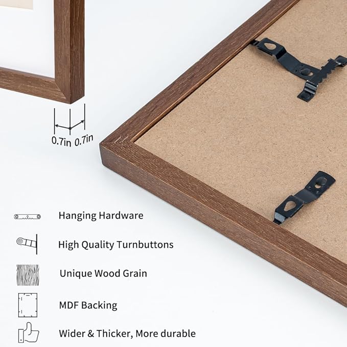 Axeman 16x16 Picture Frame with Mat for 12x12, Solid Oak Wood Square Picture Frame with Tempered Glass, Wooden Square Photo Frame 16''x16'' for Art Photo and Prints, Set of 2, Walnut