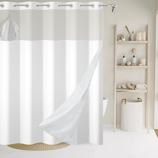 No Hook Shower Curtain with Snap in Liner, White Heavy Duty See Through Window Waterproof Machine Washable Bathroom Curtain 71" W x 74" L (Pack of 1)