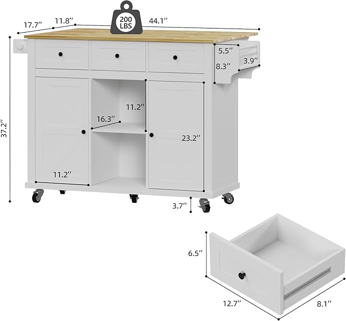Rolling Kitchen Island Cart with Drop Leaf, Large Kitchen Island on Wheels with Storage and 3 Drawers, Mobile Island for Kitchen with Rubber Wood Countertop, Towel Rack (White, X-Large)