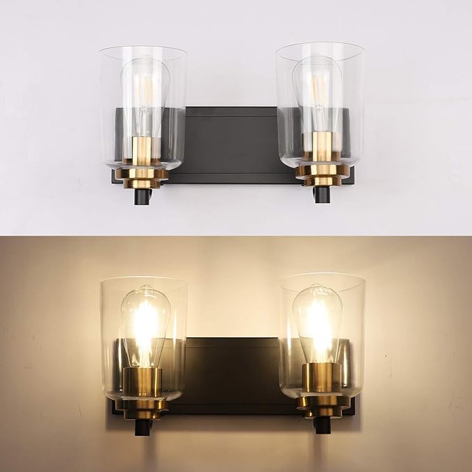 SOLFART 20.1 Inch Black Vintage Bathroom Vanity Light Fixtures Fixtures with Modern Glass Globe Shade Metal Brass Wall Lamp 2 Lights