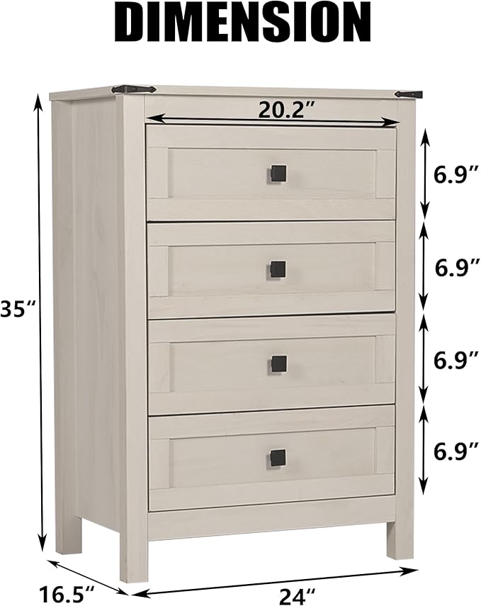 Farmhouse 4 Drawers Dresser, Wood Double Dresser Chest of Drawers Wide Storage Organizer Cabinet for Bedroom, Living Room, Rustic Beige