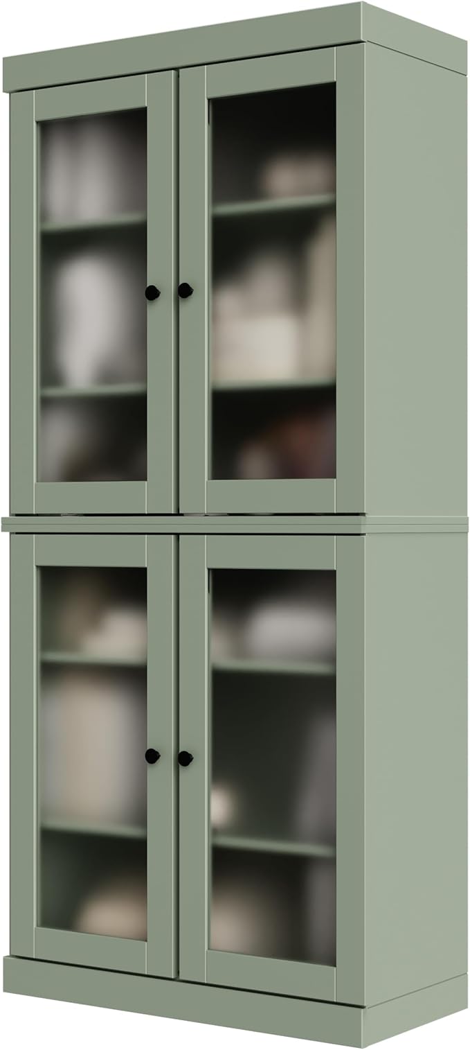 Palace Imports Solid Wood Bookcase w/Frosted Glass Doors & Adjustable Shelves for Living Room - 6-Tier Tall Bookshelf, 71.5" H x 32” W - Sage, 100% Renewable Eco-Friendly Wood, Made in Brazil
