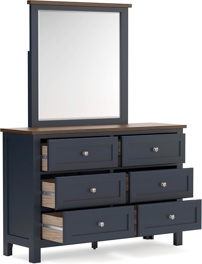 Signature Design by Ashley Landocken Casual 6-Drawer Dresser and Mirror with Safety Stop, Blue & Light Brown