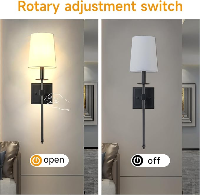 Wall Sconces Sets of 2, Retro Industrial Wall Lamps, Hardwired Bathroom Vanity Sconces Wall Lighting with White Fabric Shade, Indoor Wall Lights for Bedroom Living Room Corridor Black