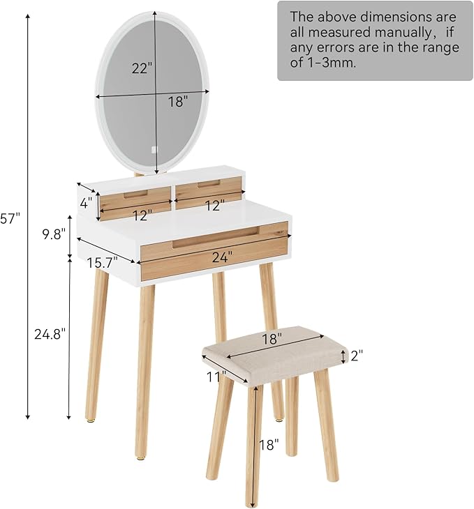 YOURLITE Small Makeup Vanity Desk with Lights, Compact Vanity Desk with Adjustable Brightness Mirror for Small Spaces, Dressing Table with Drawers and Storage Shelves