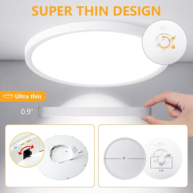 Led Flush Mount Ceiling Light,9 Inch 18w 1860lm,3000k/4000k/6000k 3CCT Selectable, Round Modern Flat Panel Super Slim Led Ceiling Light,for Living Dining Kitchen Bedroom Room (4Pack-White)