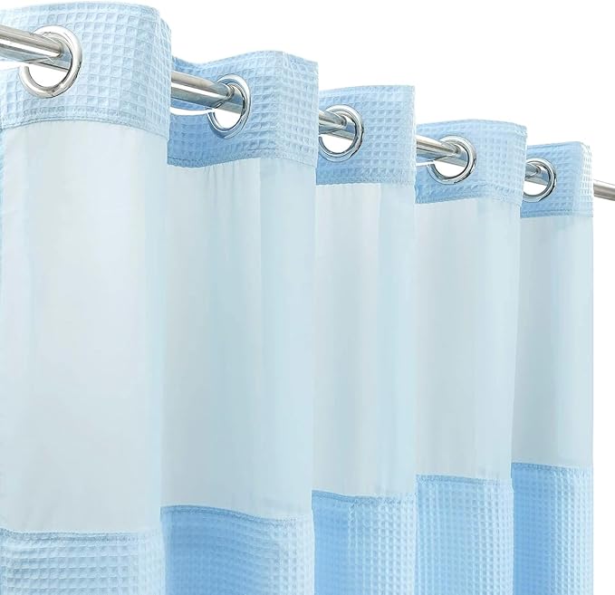 River Dream Sky Blue Fabric Shower Curtain Set, Cotton Blend, Waffle Weave, with Snap in Replacement Liner，71 x 74 inches