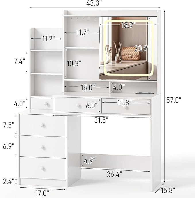 Vabches Makeup Vanity with LED Lights Mirror and Charging Station, Vanity Desk with Multiple Shelves and Drawers, Makeup Desk with Stool, Dressing Desk with 3 LED Light Models for Bedroom, White