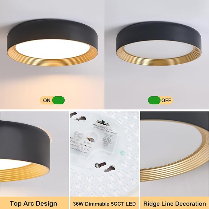 Dimmable 15.75 Inch LED Flush Mount Ceiling Light,Modern Black and Gold Lighting Fixture,Round 36W 3000K-6500K 5CCT Ceiling Lamp for Bedroom,Hallway,Living Room