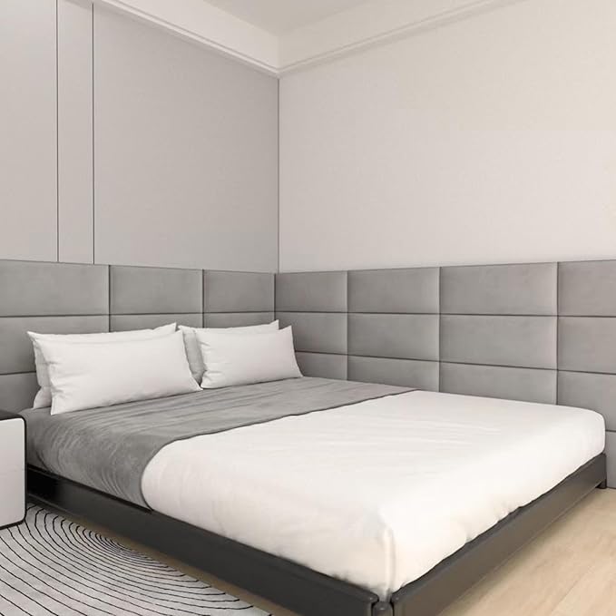 Upholstered Wall Mounted Headboard, 3D Soundproof Wall Panels Peel and Stick, Queen Size, Tufted, Dark Grey (9 Panels, 10" x 24")