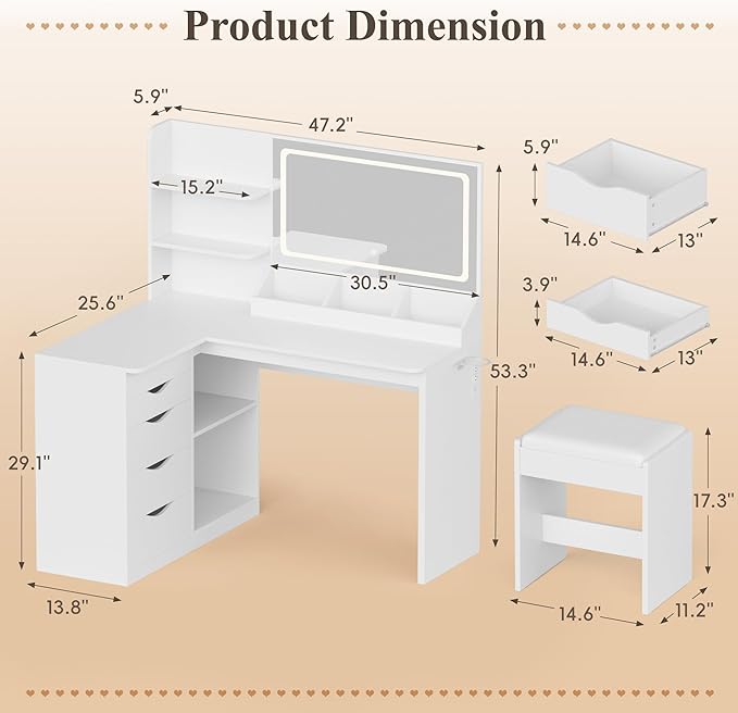 JUMMICO Makeup Vanity Desk with Mirror and Lights, L- Shaped Vanity, Modern Vanity Table with 5 Drawers & Adjustable Shelves, Power Outlet with Fast Charging, for Bedroom (White)