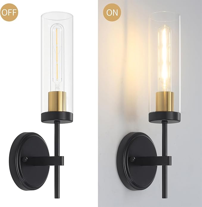Wall Sconces Set of 2, Black and Gold Modern Bathroom Vanity Lights with Clear Glass, Sconces Wall Decor Set of 2, Hardwired wall Sconce Lighting, Indoor Wall Lights for Bedroom Living Room Hallway