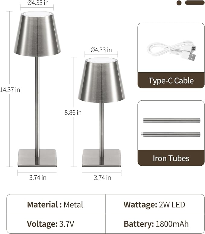 UME 3 Pack Cordless Table Lamp, Battery Operated Lamp - Portable Waterproof Rechargeable Table Lamp w/ 3 Color Temps & Stepless Dimming for Dinner, Desk, Cafe, Outdoor (Brushed Silver)