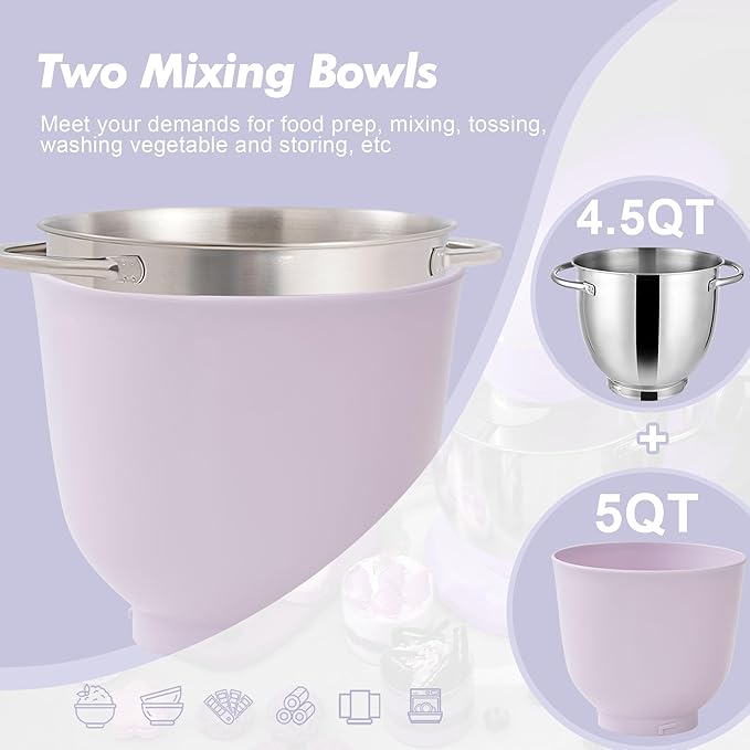 Kitchen in the box Stand Mixer, 4.5QT+5QT Two bowls Electric Food Mixer, 10 Speeds 3-IN-1 Kitchen Mixer for Daily Use with Egg Whisk,Dough Hook,Flat Beater (Lilac, 5QT)