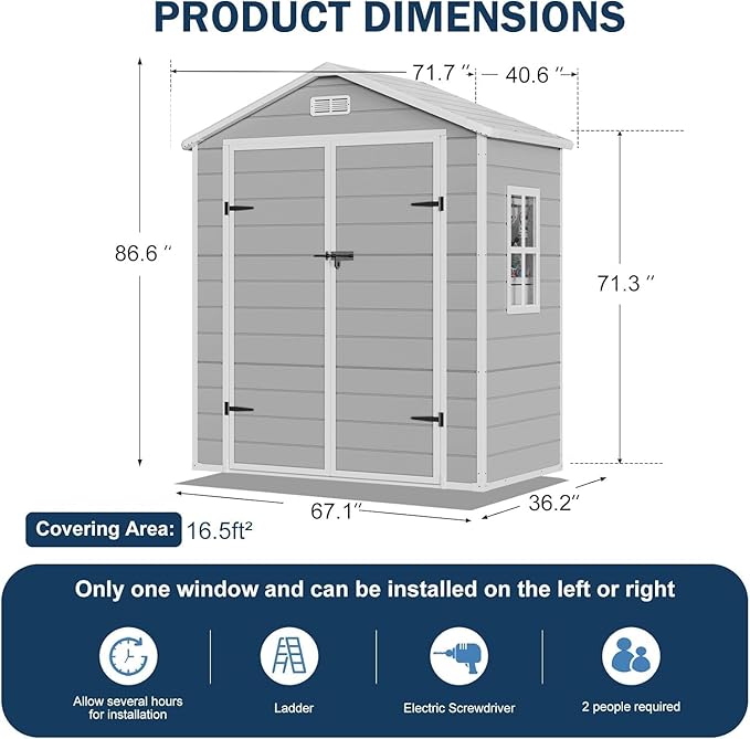 CDCASA 6x3 FT Resin Storage Shed, Waterproof Outdoor Storage Sheds with Floor & Window & Double Lockable Doors, Tool Shed for Garden, Patio, Backyard, Light Grey