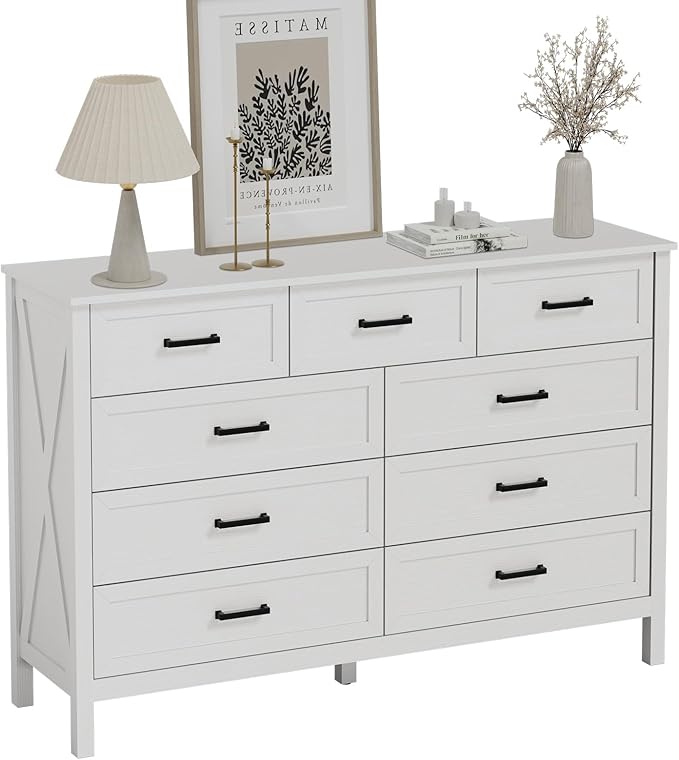 LYNSOM Farmhouse 9 Drawer Dresser for Bedroom, 55 Inch Wide Wood Rustic Chest of Drawers with X-Marking & Bar Handle, Large Storage Dressers Organizer for Bedroom, Living Room, White