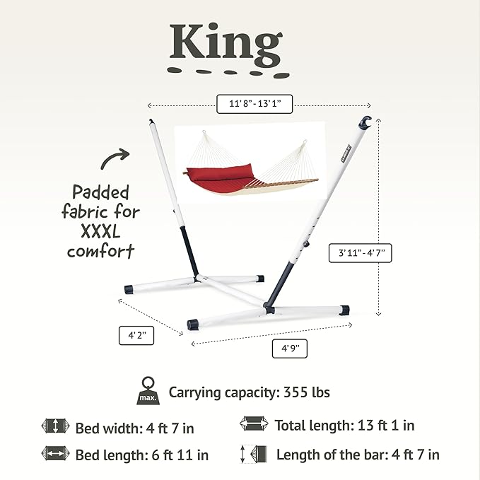 LA SIESTA® Alabama Quilted Hammock with Spreader Bar & Nautico Stand - Portable Weatherproof Large Outdoor Hammock with Stand, 2 Person Hammock with Stand for Outside Patio Porch - XL King, Red Pepper