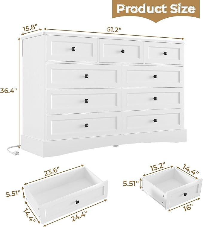 Hasuit White Dresser for Bedroom with 9 Drawers, 51.2" Large Drawer Dressers with Charging Station, Wide Farmhouse Dressers Chest of Drawers, Wooden Storage Tower Organizer, Dresser for Bedroom Closet