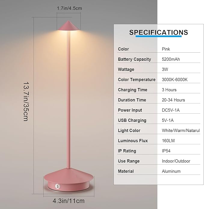 2-Pack 6000mAh Rechargeable Led Table Lamp Cordless,3000K-6000K Stepless Dimming Touch Lamps with Memory Function,IP54 Waterproof Aluminum Table Light for Outdoor/Bars/Restaurant/Patio(Pink)