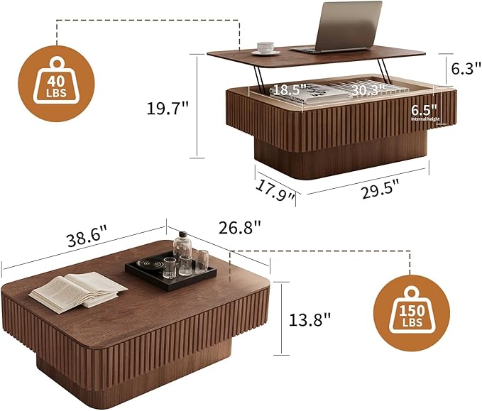Lift Top Coffee Table for Living Room, Accent Fluted Coffee Table with Storage, Modern Solid Wood Veneered Rectangle Center Tea Table for Small Space Apartment (38.6''D×14''H-Walnut)