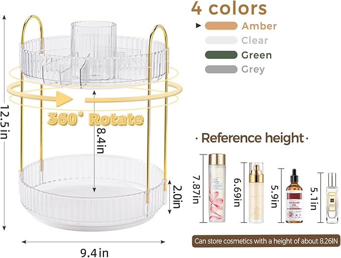 360° Rotating Makeup Organizer, Upgraded 2 Tier Skincare Perfume Organizers for Women, Bathroom Organizer Countertop, Clear Cosmetic Dresser Organizer with Makeup Brush Holder, Sink&Counte (Clear)