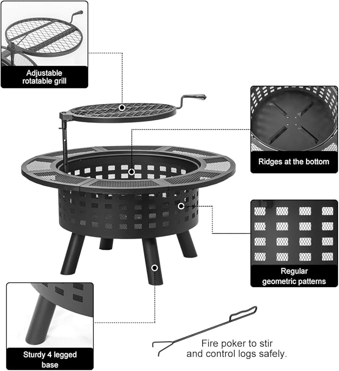 Verdeluxe 36 inch Outdoor Fire Pit with Grill,Wood Burning Firepits for Outside with Lid & Fire Poker,Metal 3-in-1 Fire Pit Table with Cooking Grate,Outdoor Fireplaces for Bonfire,Yard,BBQ（Jet Black）