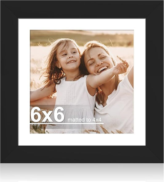 6x6 Picture Frame with Glass, Display Pictures 4x4 with Mat or 6 x 6 without Mat - Wall and Tabletop, 6 by 6 Photo Wooden Frames (Black, 1 Pack)