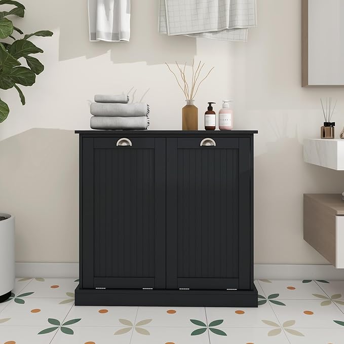 Tilt Out Laundry Hamper Cabinet with Removable Basket, Double Hidden Laundry Hamper Cabinet, Wood Bathroom Storage Cabinet, Free Standing Home Organizer, (Black)