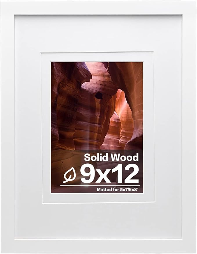 Egofine 9x12 Picture Frame Made of Solid Wood White Covered by Plexiglass, Wood Frame for Pictures 5x7 / 6x8 with Mat or 9x12 without Mat, Tabletop and Wall Mounting Display