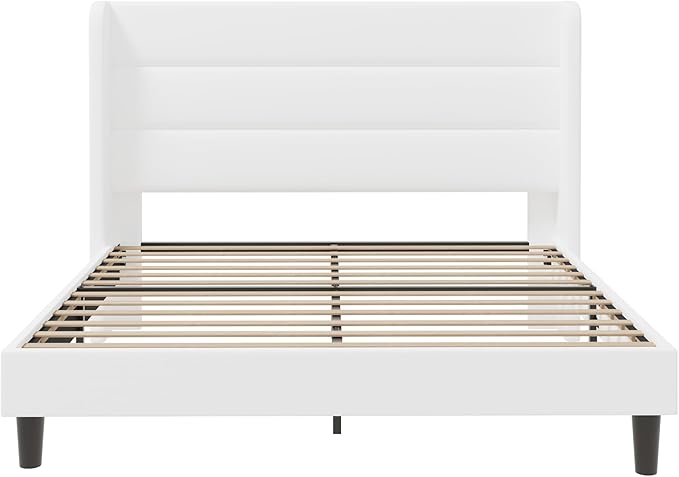 SHA CERLIN Queen Size Velvet Bed Frame/Vertical Channel Tufted Wingback Headboard/Upholstered Platform Bed with Wooden Slats/Mattress Foundation/No Box Spring Needed/Easy Assembly/White