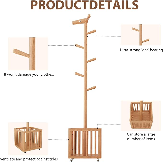 Coat tree freestanding heavy duty，Wooden coat rack freestanding for Entrance, Bedroom, Living room(Natural)