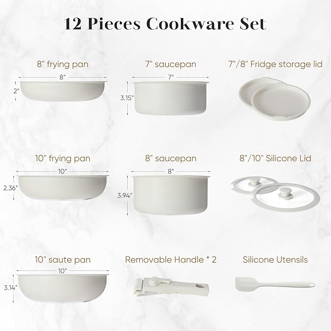 FAB&DELUXE 12 Pcs Nonstick Pots and Pans Set, Granite Cookware Set with Detachable Handle, Induction Compatible, Saucepan, Frying Pan, Silicone Utensils, Dishwasher & Oven Safe, Khaki