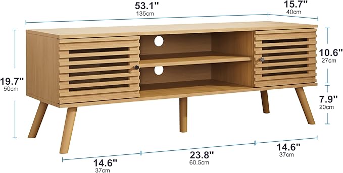 53" Mid Century Modern TV Stand for 50/55/60 inch TV, TV Media Console with Slatted Doors for TVs up to 60", Entertainment Center with Storage for Living Room, Bedroom, Oak