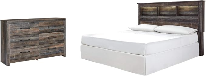 Signature Design by Ashley Drystan Rustic Industrial King/California King Bookcase Headboard with 3 Open Cubbies & Dimming LED Light, Weatherworn Brown