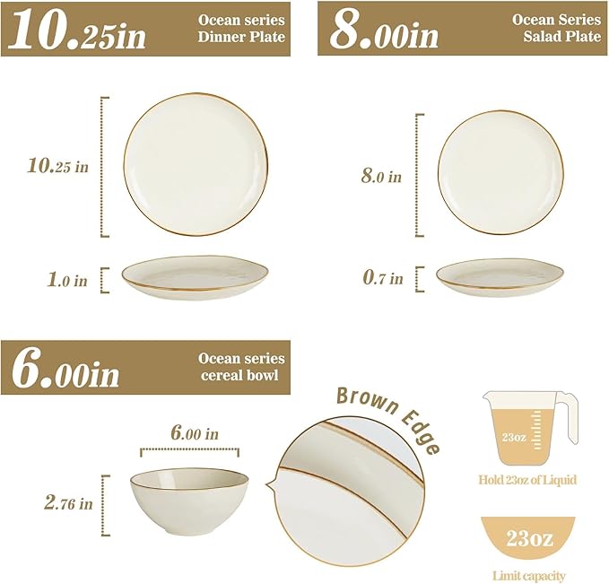 Famiware Dinnerware Sets for 8, Ocean Round 24-Piece Kitchen Plates and Bowls Sets, Microwave and Dishwasher Safe, Scratch Resistant, Vanilla White