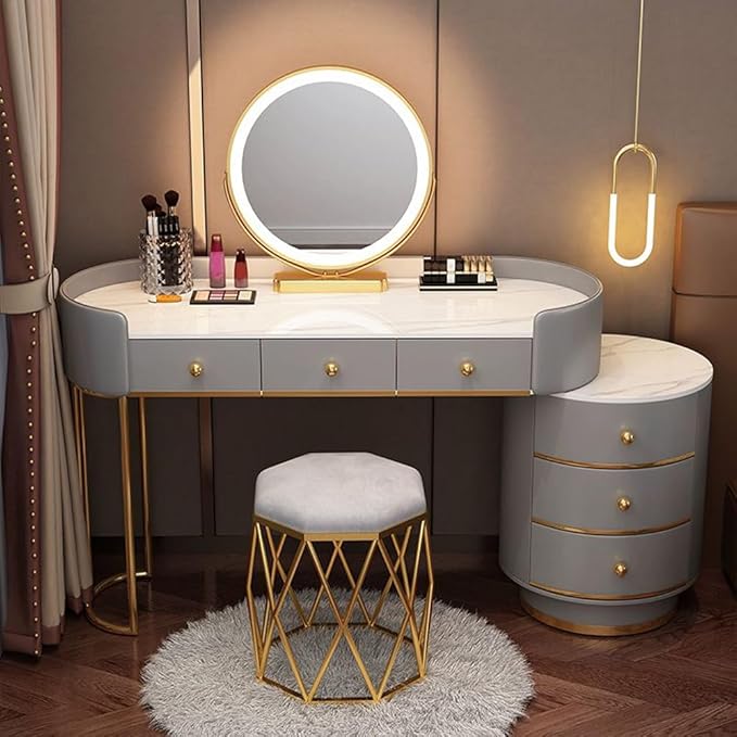 KWOKING Contemporary Make-up Vanity with Slate Stone Top & Storage Drawers Bedroom Dressing Table Storage Cabinet Integrated Table Gray White - Makeup Vanity & Mirror & Nest Stool 47"L x 16"W x 31"H