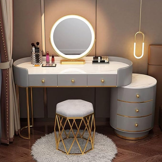 KWOKING Contemporary Make-up Vanity with Slate Stone Top & Storage Drawers Bedroom Dressing Table Storage Cabinet Integrated Table Gray White - Makeup Vanity & Mirror & Nest Stool 47"L x 16"W x 31"H
