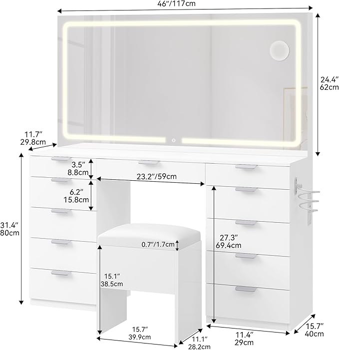 YITAHOME 46" Vanity Desk with Large LED Lighted Mirror, 3 Adjustable Lighting Modes, 11-Drawer Makeup Table Set with Charging Ports, Hair Dryer Holder & Storage Stool for Dressing Room, White