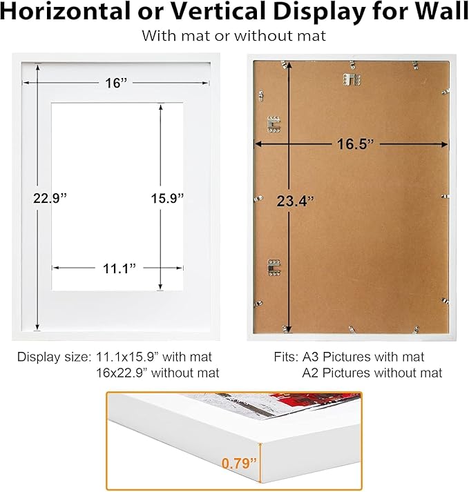 Egofine A2 Solid Wood Picture Frame, Made of Solid Wood Covered by Plexiglass A3 with Mat 16.5 x 23.4 without Mat, Poster Frame for Wall Mounting Hanging Photo Frame Vertically or Horizontally, White