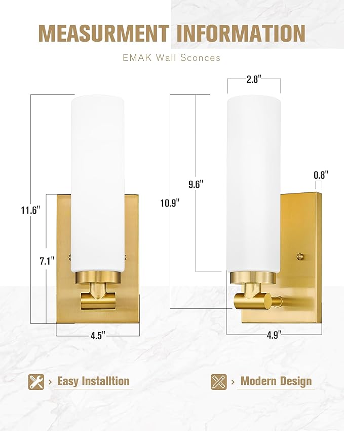 Emak Brushed Gold Wall Sconce, Modern Bathroom Vanity Sconces Wall Light Fixtures with Milk Glass Shade for Bathroom, Mirror, Living Room, Bedroom, Gallery, WS086-BGD-ML-2PK