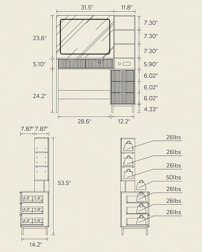 Fluted Vanity Desk with Large Mirror and Lights, Modern Wood Makeup Vanity Desk with Glass Top, Charging Station, 5 Drawers Adjustable Open Shelves, Dressing Table Set for Bedroom, Natural Oak