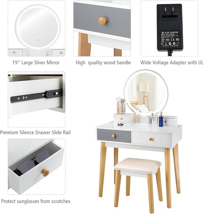 CHARMAID Vanity Set with Lighted Mirror, 3 Color Touch Screen Dimming Mirror, Adjustable Brightness, Bedroom Makeup Dressing Table with 4 Drawers and Cushioned Stool for Girls Women, White & Gray