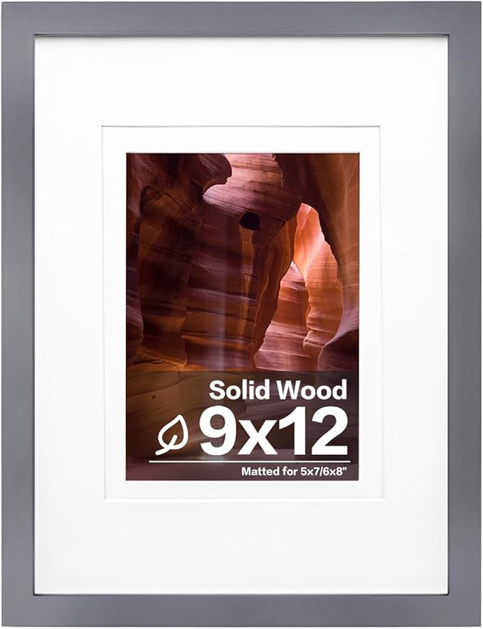Egofine 9x12 Picture Frame Made of Solid Wood Covered by Plexiglass, Wood Frame for Pictures 5x7/6x8 with Mat or 9x12 without Mat, Tabletop and Wall Mounting Display, Dark Grey
