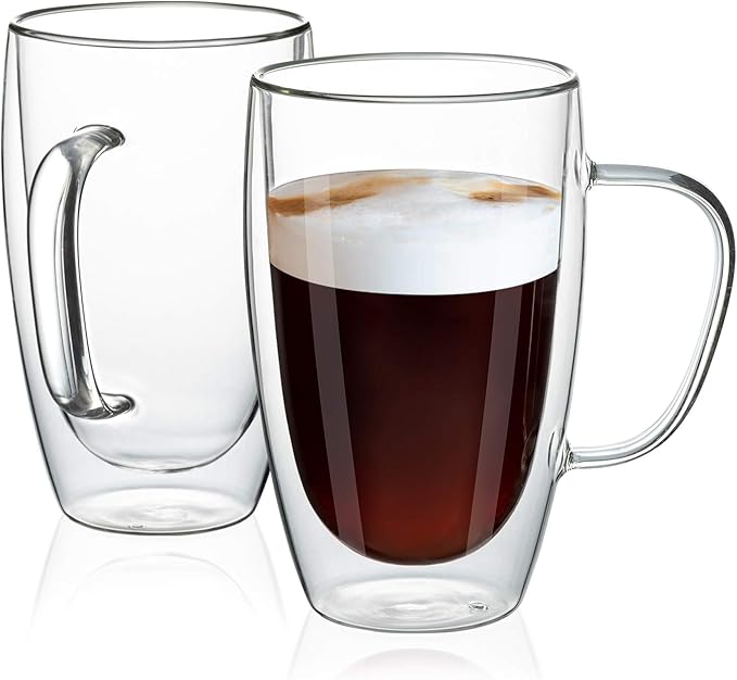 MEWAY 16oz/2 pack Coffee Mugs,Thickened Clear Glass Double Wall Cup with handle for Coffee, Tea, Latte, Cappuccino (16 oz，2)