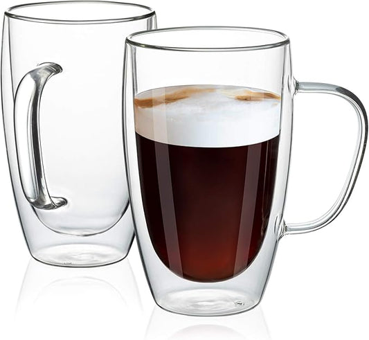 MEWAY 16oz/2 pack Coffee Mugs,Thickened Clear Glass Double Wall Cup with handle for Coffee, Tea, Latte, Cappuccino (16 oz，2)