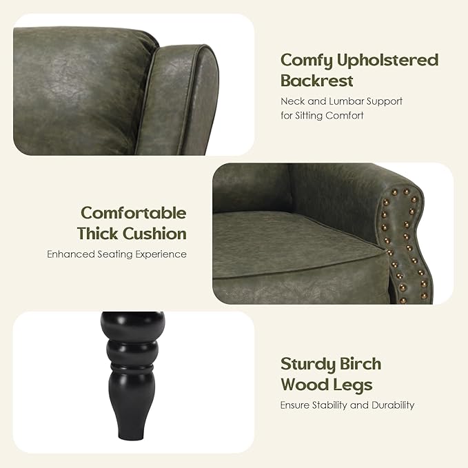 Leather Recliner Chair, Adjustable Backrest Footrest, Pushback Recliner with Overstuffed Arms Lumbar Support for Reading Mid Modern Reclining Chair, Living Room, Green