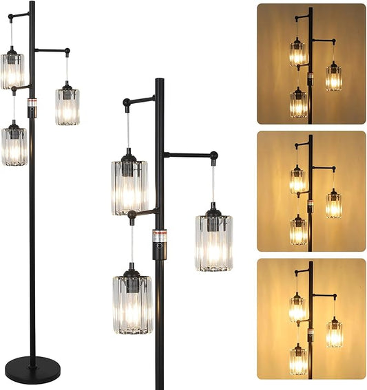 Black Modern Crystal Floor Lamp, 3 Lights Standing Lamp Dimmable, Industrial Tree Lamp with Crystal Shade, Dimmer Switch, 65" Tall Corner Floor Lamps for Living Room Bedroom Office Reading