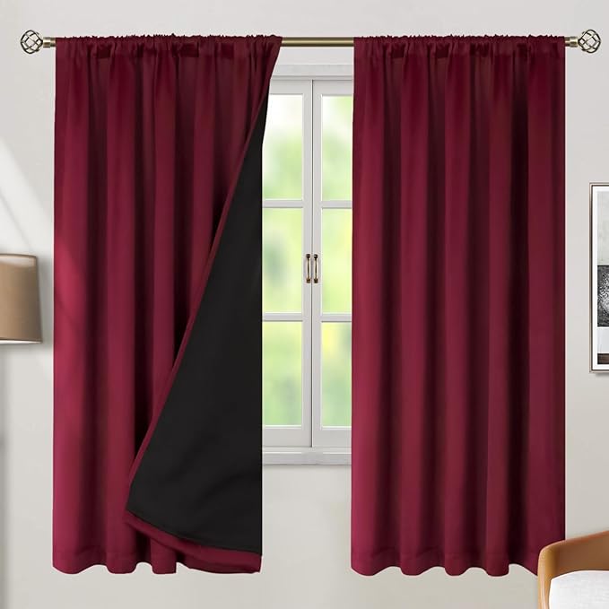 BGment Full Blackout Curtains with Thermal Insulation Liner Curtains 72 Inches Long, Rod Pocket and Back Tab Double Layer Room Darkening Window Curtain for Bedroom(52 x 72 Inch, 2 Panels, Burgundy)