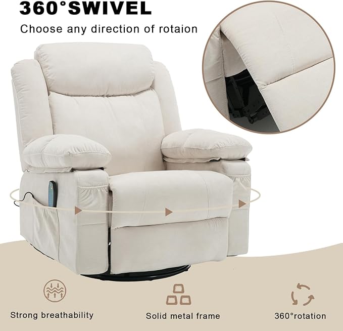 Massage Rocker Recliner Chair with Heat for Adult, Fabric Overstuffed Swivel Recliners Reclining Single Sofa Rocking Manual Home Theater Recliners Lounge Chairs for Living Room,Beige